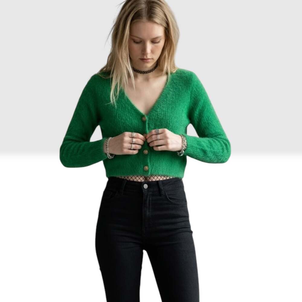 Zara Green Fuzzy Cropped V-Neck Cardigan